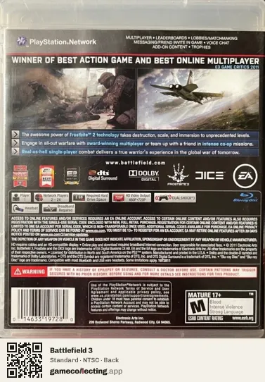 Battlefield 3 PlayStation 3, NTSC box back