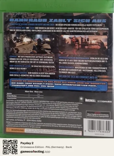 Payday 2 Xbox One, Germany box back