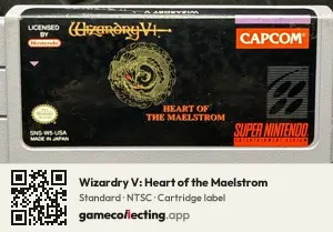 Wizardry V: Heart of the Maelstrom Super Nintendo Entertainment System, NTSC cartridge label