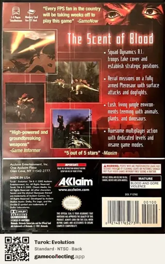 Turok: Evolution Nintendo GameCube, NTSC box back