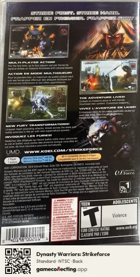 Dynasty Warriors: Strikeforce PlayStation Portable, NTSC box back