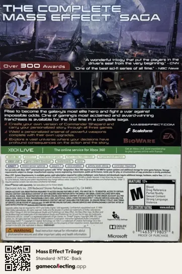 Mass Effect Trilogy Xbox 360, NTSC box back