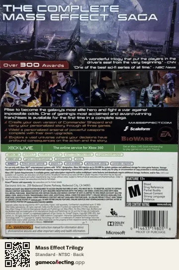Mass Effect Trilogy Xbox 360, NTSC box back