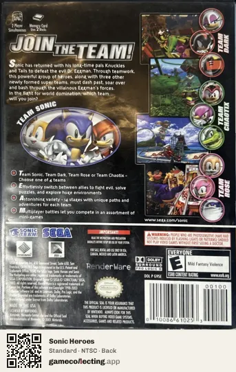 Sonic Heroes Nintendo GameCube, NTSC box back