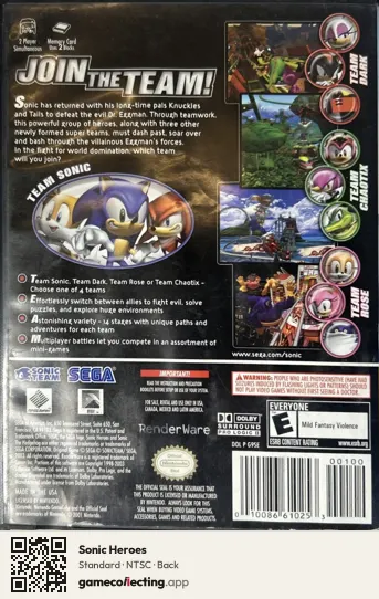 Sonic Heroes Nintendo GameCube, NTSC box back