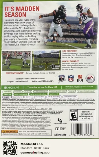 Madden NFL 15 Xbox 360, NTSC box back