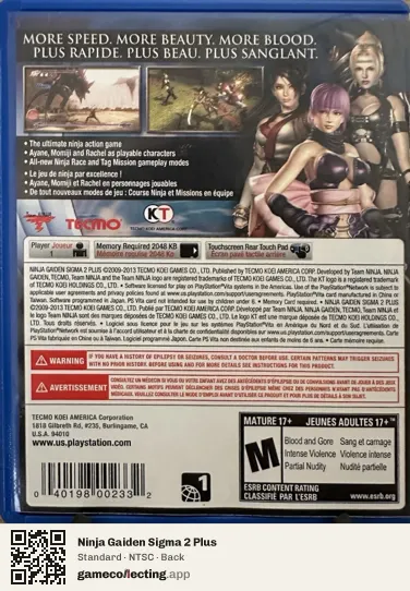 Ninja Gaiden Sigma 2 Plus PlayStation Vita, NTSC box back