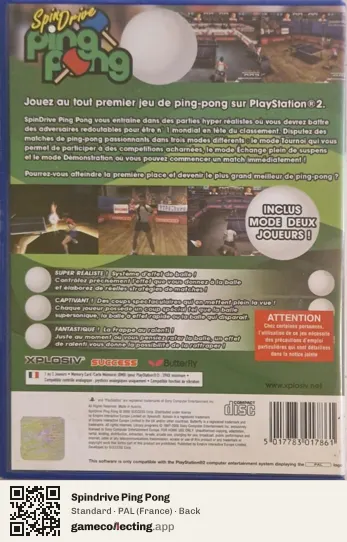 Spindrive Ping Pong PlayStation 2, France box back