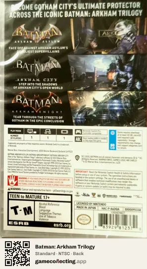 Batman: Arkham Trilogy Nintendo Switch, NTSC box back