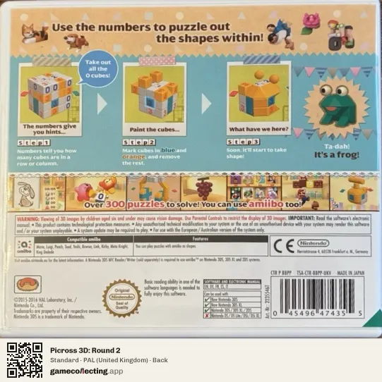 Picross 3D: Round 2 Nintendo 3DS, United Kingdom box back