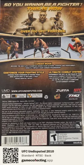 UFC Undisputed 2010 PlayStation Portable, NTSC box back