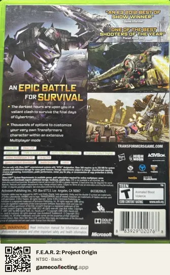 F.E.A.R. 2: Project Origin Xbox 360, NTSC box back