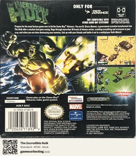 The Incredible Hulk Game Boy Advance, NTSC box back