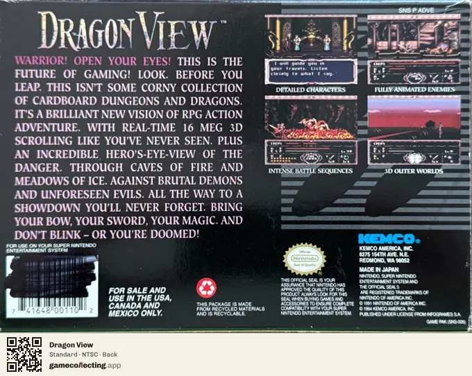 Dragon View Super Nintendo Entertainment System, NTSC box back