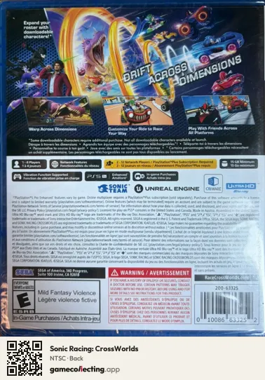 Sonic Racing: CrossWorlds PlayStation 5, NTSC box back