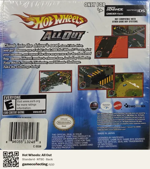 Hot Wheels: All Out Game Boy Advance, NTSC box back