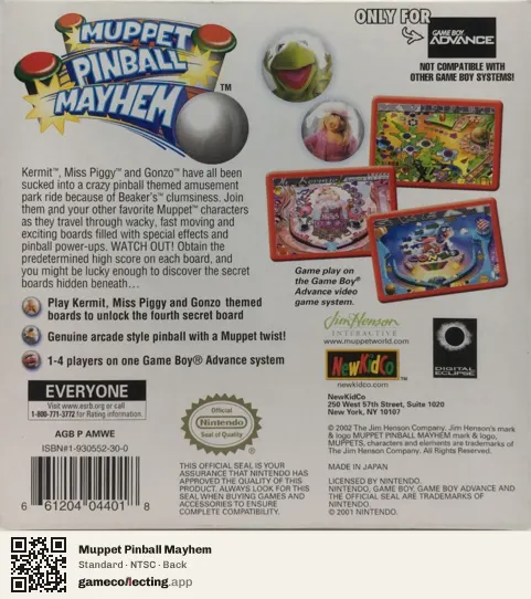 Muppet Pinball Mayhem Game Boy Advance, NTSC box back