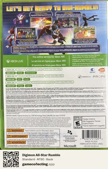 Digimon All-Star Rumble Xbox 360, NTSC box back