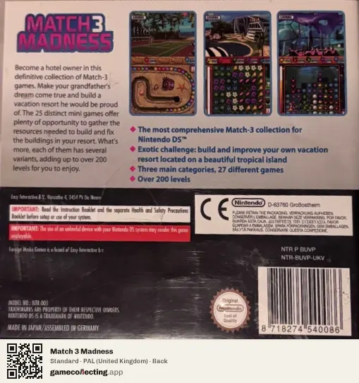 Match 3 Madness Nintendo DS, United Kingdom box back