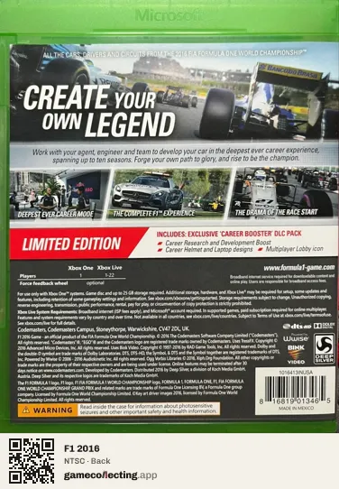 F1 2016 Xbox One, NTSC box back