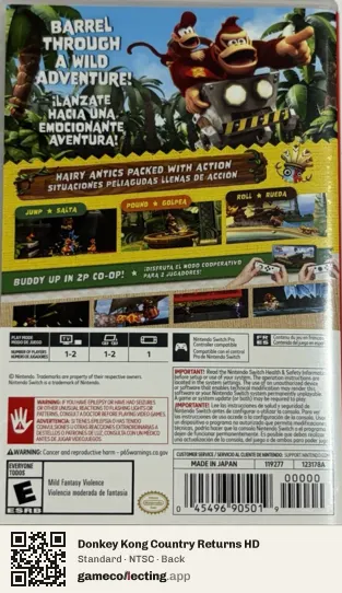 Donkey Kong Country Returns HD Nintendo Switch, NTSC box back