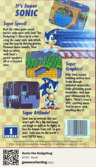 Sonic the Hedgehog Sega Mega Drive / Genesis, NTSC box back