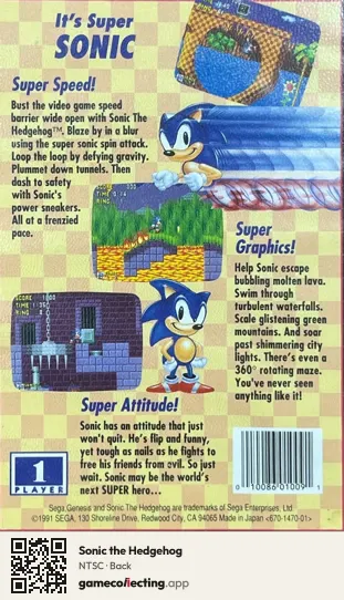 Sonic the Hedgehog Sega Mega Drive / Genesis, NTSC box back