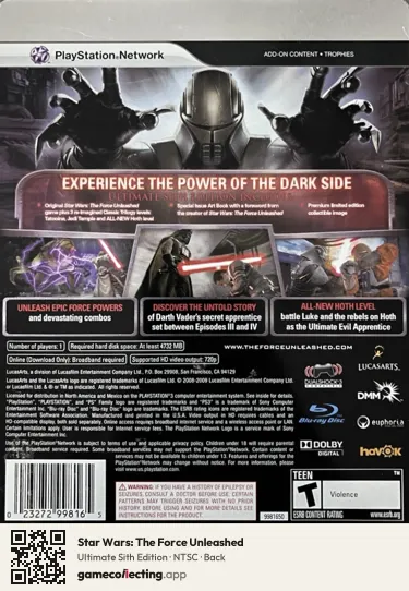 Star Wars: The Force Unleashed PlayStation 3, NTSC box back