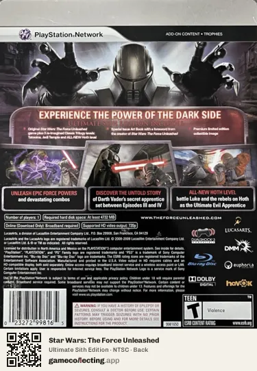 Star Wars: The Force Unleashed PlayStation 3, NTSC box back