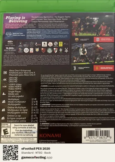 eFootball PES 2020 Xbox One, NTSC box back