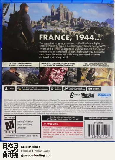 Sniper Elite 5 PlayStation 5, NTSC box back