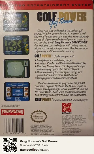 Greg Norman's Golf Power Nintendo Entertainment System, NTSC box back