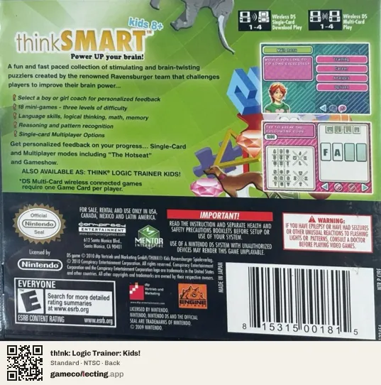 th!nk: Logic Trainer: Kids! Nintendo DS, NTSC box back
