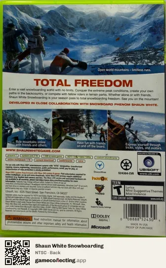 Shaun White Snowboarding Xbox 360, NTSC box back