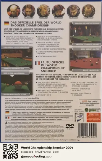 World Championship Snooker 2004 PlayStation 2, France box back
