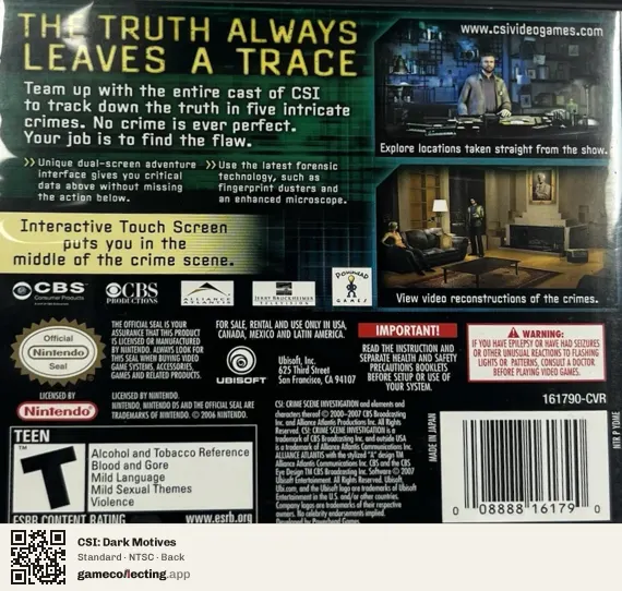 CSI: Dark Motives Nintendo DS, NTSC box back