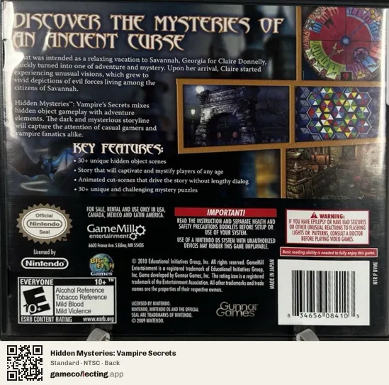 Hidden Mysteries: Vampire Secrets Nintendo DS, NTSC box back