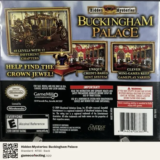 Hidden Mysteries: Buckingham Palace Nintendo DS, NTSC box back