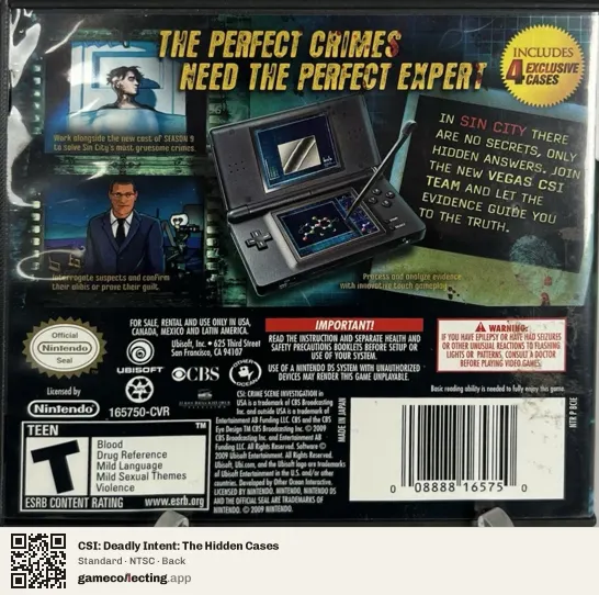 CSI: Deadly Intent: The Hidden Cases Nintendo DS, NTSC box back