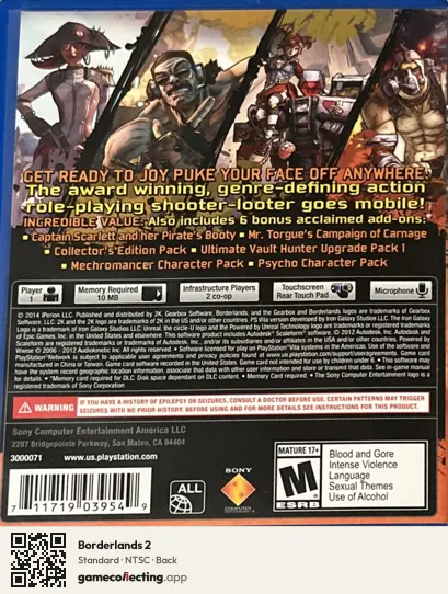 Borderlands 2 PlayStation Vita, NTSC box back