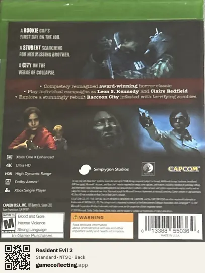 Resident Evil 2 Xbox One, NTSC box back