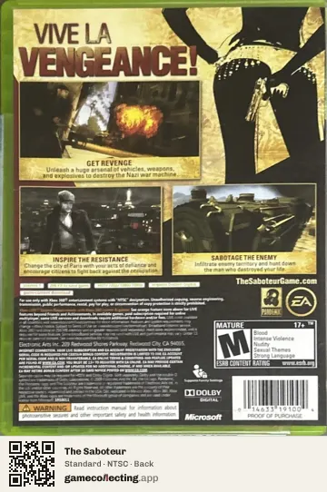 The Saboteur Xbox 360, NTSC box back