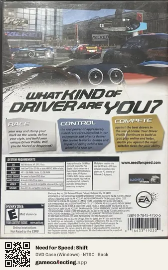 Need for Speed: Shift Computer, NTSC box back