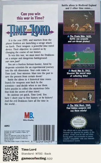 Time Lord Nintendo Entertainment System, NTSC box back