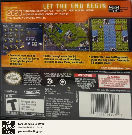 Tom Clancy's EndWar Nintendo DS, NTSC box back