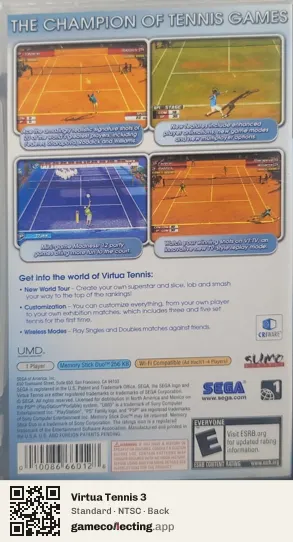 Virtua Tennis 3 PlayStation Portable, NTSC box back