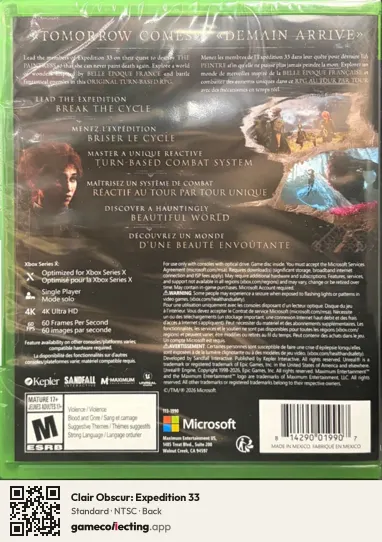 Clair Obscur: Expedition 33 Xbox Series X, NTSC box back