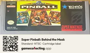 Super Pinball: Behind the Mask Super Nintendo Entertainment System, NTSC cartridge label