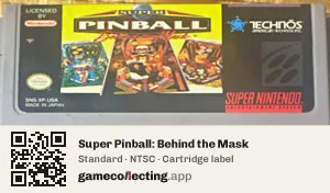 Super Pinball: Behind the Mask Super Nintendo Entertainment System, NTSC cartridge label