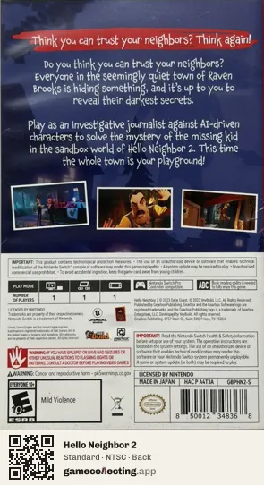 Hello Neighbor 2 Nintendo Switch, NTSC box back